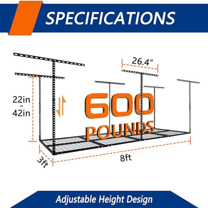 3 x 8FT Overhead Garage Storage Rack, Adjustable Ceiling Storage Racks, Garage Shelving Heavy Duty Storage Organizer System, 600lbs Weight Capacity - WoodArtSupply