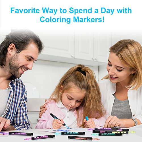 Double Line Outline Markers, 36 Colors Super Squiggles Shimmer Outline Marker Pen Set, Self Outline Metallic Markers Glitter Writing Drawing Pens for Hoxida
