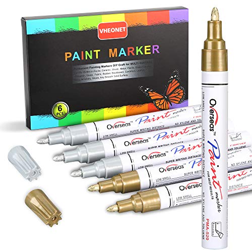 VHEONET Paint Pen 3 Gold & 3 Silver Metallic Permanent Acrylic Markers Set for Fabric Glass Plastic Rock Wood Ceramic Leather Tire Painting, Medium VHEONET