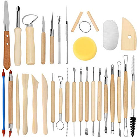 Blisstime Set of 30 Clay Sculpting Tools Wooden Handle Pottery Carving Tool Kit Blisstime