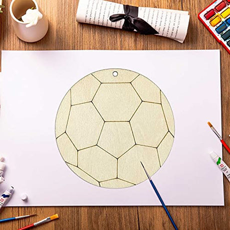 20pcs Soccer Shape Cutout Unfinished Wood Crafts DIY Hanging Gift Tags Ornaments with Ropes for Home School Soccer Sport Party Decoration, 3.94 in JANOU