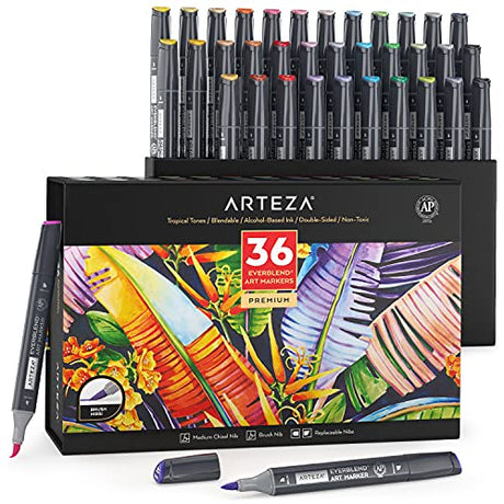 ARTEZA Alcohol Brush Markers, Set of 36 Colors, EverBlend Tropical Tones, Medium Chisel and Brush Nib, Dual Tip Markers for Drawing and Sketching ARTEZA