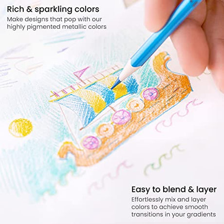 ARTEZA Metallic Colored Pencils for Adult Coloring, Set of 50 Drawing Pencils, Triangular Grip, Pre-Sharpened Pencil Set, Professional Art Supplies ARTEZA