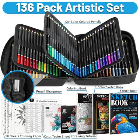POPYOLA 136 Pack Colored Pencils Set with Portable Gift Case, Art Supplies 120 Colored Pencils, 3-Color Sketch Book, Coloring Book, Sketchbook, POPYOLA