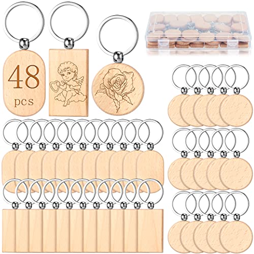 24 Pcs Wooden Keychain Blanks Wood Engraving Blanks Key Chain Unfinished Rectangle Oval Round Wood Key Tag with Plastic Storage Container for DIY Fumete