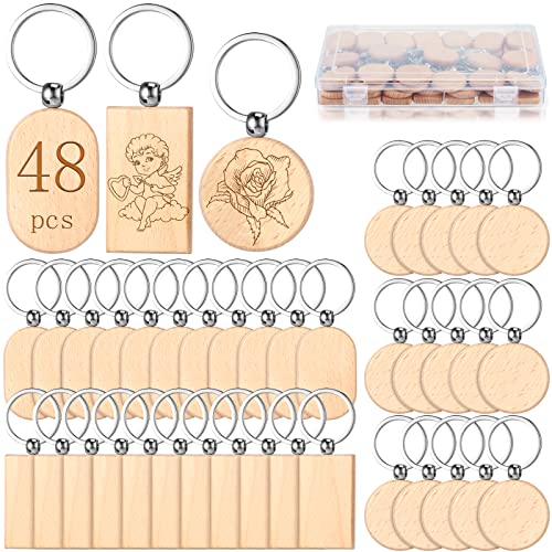 24 Pcs Wooden Keychain Blanks Wood Engraving Blanks Key Chain Unfinished Rectangle Oval Round Wood Key Tag with Plastic Storage Container for DIY