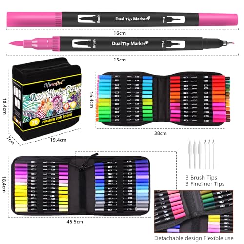 Oficrafted 76 Colors Dual Tip Brush Pens with Brush Tip and Fine Tip for Kids Artists Adult, Coloring Markers for Adult Coloring Books Professional