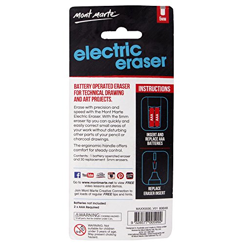 Mont Marte Electric Eraser, Includes 30 Eraser Refills. Suitable for use with Graphite Pencils and Color Pencils. MONT MARTE