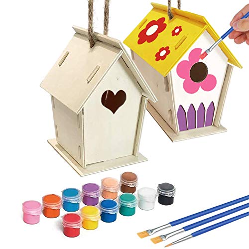 Craft DIY Bird House Kit 2 Pack DIY Unfinished Wood Bird House Build and Paint Your Backyard Birdhouse, Art Craft Wood Toys for Kids Girls Boys