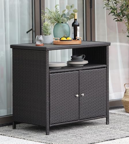 Grand Patio Dylan Wicker Storage Cabinet - Versatile Indoor & Outdoor Waterproof Bar Table with Doors and Shelves - WoodArtSupply