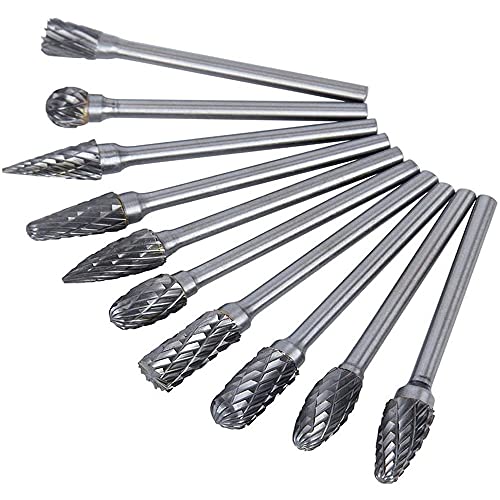 Double Cut Tungsten Carbide Carving Bits for Rotary Tool, 10 Pcs Rotary Burr Set with 1/8 inch Shank and 1/4 inch Grinding Head for DIY, Woodworking, shengbenhao