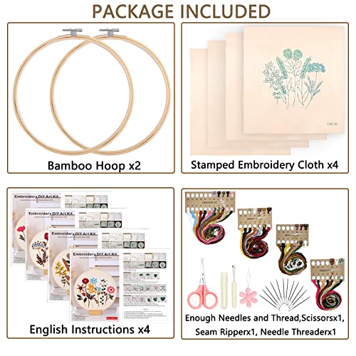 Picoey Flower Embroidery Kit for Beginners with Pattern and Instructions,4 Pack Cross Stitch Kits,2 Wooden Embroidery Hoops,Threads and Picoey