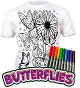 Splat Planet Butterflies T-Shirt with 10 Non-Toxic Washable Magic Markers - Color in and Wash Out and Color in Again T-Shirt (9-11 Years) White Splat Planet