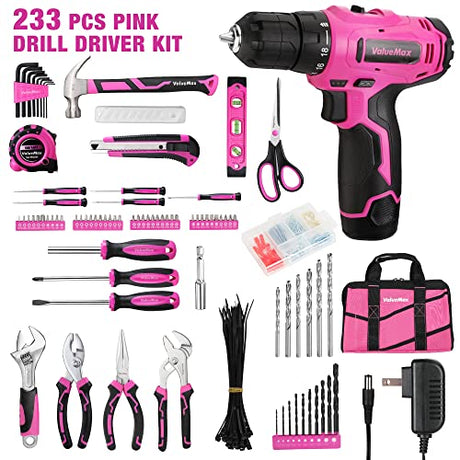 ValueMax Home Tool Kit with Drill, 233-Pieces Pink Tool Set with 12V Cordless Lithium-ion Drill, Power Tool Set with Wide Mouth Open Storage Bag, ValueMax