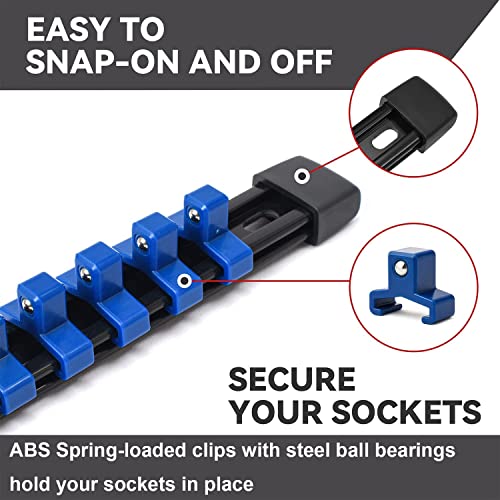 ALOANES 9 PC ABS Socket Organizer, 1/2 inch, 3/8 inch and 1/4 inch Drive Socket Rail Holders, Heavy Duty Socket Racks, Black Rails with Red, Blue and ALOANES