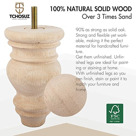 5 inch / 12cm Wooden Furniture Legs, Tchosuz Pack of 4 Unfinished Solid Wood Turned DIY Replacement Bun Feet with M8 Hanger Bolts & T-Nuts or Sofa WoodArtSupply