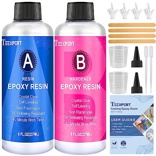 Teexpert Epoxy Resin Crystal Clear: 16OZ Epoxy Resin Kit 3X Yellowing Resistant High Gloss for Casting Coating Art DIY Craft Jewelry- 2 Part(8OZ Resin and 8OZ Hardener)