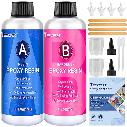 Teexpert Epoxy Resin Crystal Clear: 16OZ Epoxy Resin Kit 3X Yellowing Resistant High Gloss for Casting Coating Art DIY Craft Jewelry- 2 Part(8OZ - WoodArtSupply