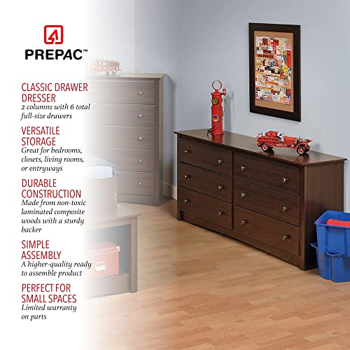 Prepac Fremont Bedroom Furniture: Espresso Double Dresser for Bedroom, 6-Drawer Wide Chest of Drawers, Traditional Bedroom Dresser, EDC-6330-V, 59"W - WoodArtSupply