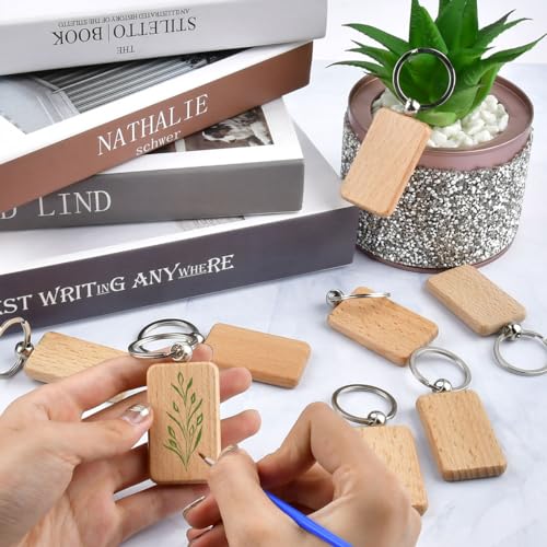 OTYMIOW 30PCS Wooden Keychain Blanks Unfinished Wood Keychain Blanksd Key Ring Key Tag Wood Engraving Blank Wooden Keychains Wood Blanks Key Chain Bulk for DIY Crafts Gift Accessories