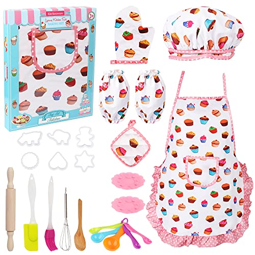 Vanmor Cute Kids Cooking and Baking Sets, 24 Pcs Kids Aprons for Girls Toddler Chef Hat Apron Dress Up Chef Costume, Little Girl Apron Sets Pretend Vanmor