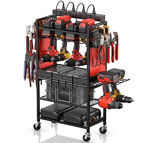 CCCEI Power Tool Organizer Cart with Charging Station, Garage Floor Rolling Storage Cart on Wheels for Mechanic, Mobile 6 Drill, Tool Box Utility - WoodArtSupply