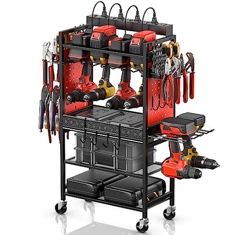 CCCEI Power Tool Organizer Cart with Charging Station, Garage Floor Rolling Storage Cart on Wheels for Mechanic, Mobile 6 Drill, Tool Box Utility CCCEI