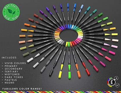 Dual Tip Brush Pens Double Sided Pigment Based(Non Acrylic) Brush Markers 36 Color Art Set with Zipper Case Flexible Brush and 0.4mm Fineliner -