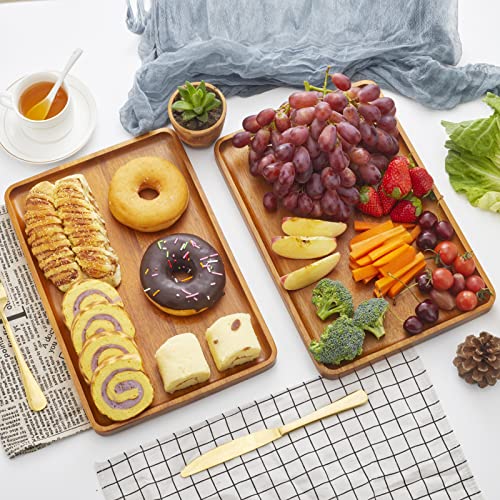 2 PCS Solid Acacia Wood Serving Trays Rectangular Wooden Serving Platters Natural Wooden Boards for Bar Coffee Party 13 * 9 inch Charmlife