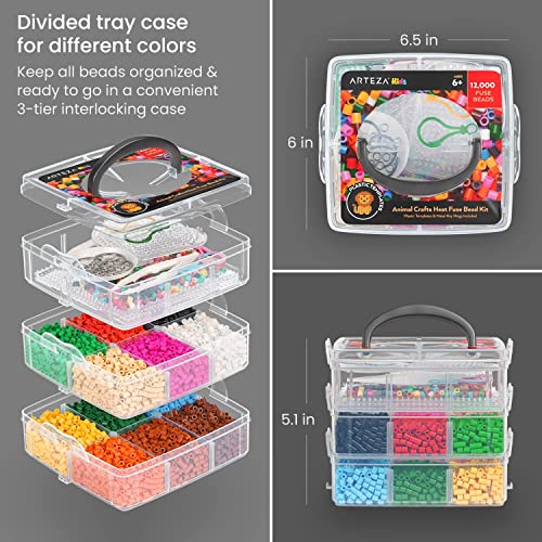 ARTEZA Kids Heat Fuse Beads, 12,000 Iron Beads, 12 Colors, 35 Animal-Themed Designs, 5 Templates, 10 Key Rings, Kids Activities and Craft Supplies - WoodArtSupply