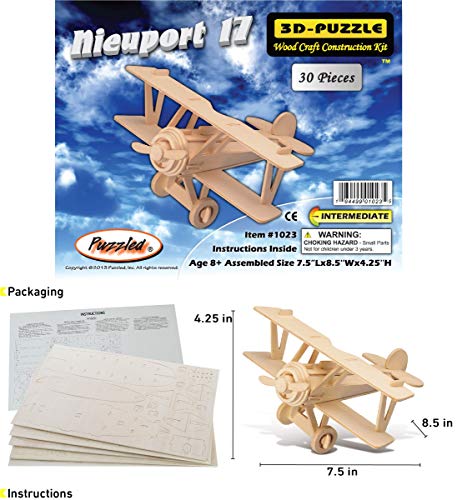 Puzzled 3D Puzzle Nieuport 17 Airplane - Wood Craft Construction Model Kit Aircraft, Fun Educational DIY Wooden Toy Assemble Model Unfinished Craft - WoodArtSupply