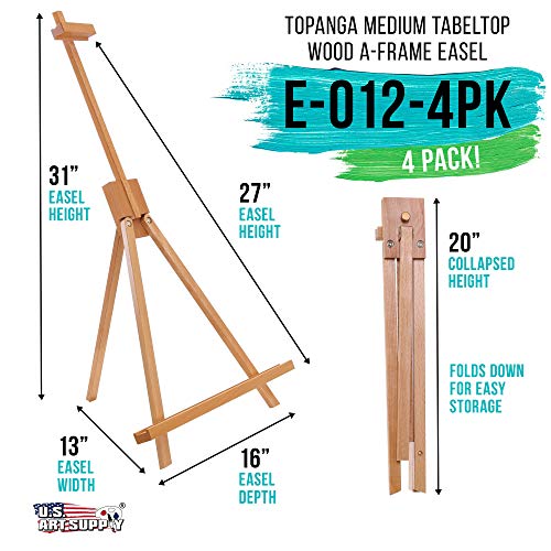 U.S. Art Supply Topanga 31" High Tabletop Wood Folding A-Frame Artist Studio Easel (Pack of 4) - Adjustable Beechwood Tripod Display Stand, Holds Up U.S. Art Supply