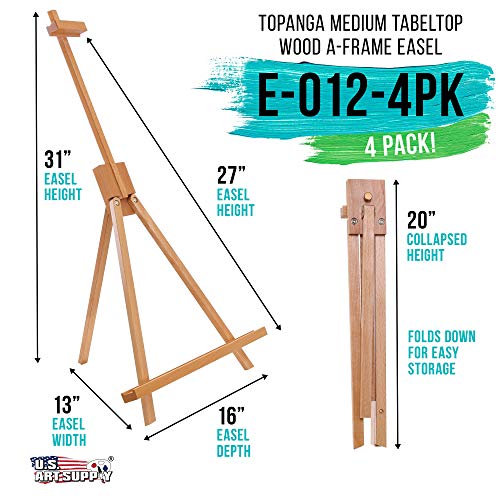 U.S. Art Supply Topanga 31" High Tabletop Wood Folding A-Frame Artist Studio Easel (Pack of 4) - Adjustable Beechwood Tripod Display Stand, Holds Up