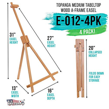 U.S. Art Supply Topanga 31" High Tabletop Wood Folding A-Frame Artist Studio Easel (Pack of 4) - Adjustable Beechwood Tripod Display Stand, Holds Up