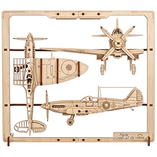 UGEARS 2.5D Framed Fighter Aircraft - Classic Aircraft Wood Model Kit with Movable Aileron, Propeller, Wheel & Canopy - Airplane Wooden Puzzle Model UGEARS