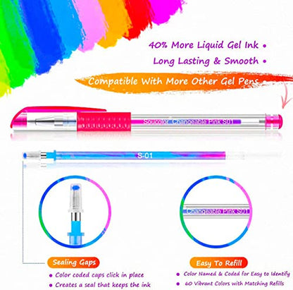 Soucolor 60 Colored Gel Pens for Adult Coloring Books, Deluxe 120 Pack- 60 Refills and Travel Case, with 40% More Ink Markers Set for Drawing