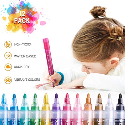 ZSCM 12 Colors Acrylic Glitter Markers Paint Pens, Rock Painting Pens Markers Metallic Art Marker for Kids Adults Card Making Painting Glass Ceramic