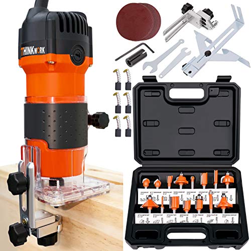 THINKWORK Compact Router, 6.5-Amp 1.25 HP Compact Wood Palm Router, Wood Trimmer with 15 pieces 1/4" Router Bits Set, 30000R/MIN THINKWORK