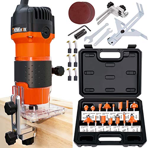 THINKWORK Compact Router, 6.5-Amp 1.25 HP Compact Wood Palm Router, Wood Trimmer with 15 pieces 1/4" Router Bits Set, 30000R/MIN - WoodArtSupply