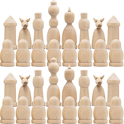 Unfinished Wood Chess Pieces Only Set of 32 pcs - Paint Your Own Chess Set - Blank Chess Sets for DIY- Wooden Peg Dolls Unfinished for Arts and