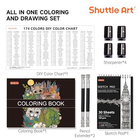 174 Colors Professional Colored Pencils, Shuttle Art Soft Core Coloring Pencils Set with 1 Coloring Book,1 Sketch Pad, 4 Sharpener, 2 Pencil Shuttle Art
