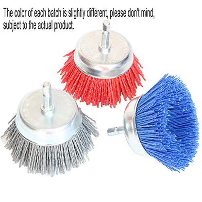 FPPO 3Pcs 3 Inch Assorted Cup Brushes Abrasive Wire Nylon Cup Brush for Drill,Grit 80 120 320 with 1/4" Shank,Rotary Brushes for Machines