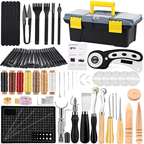 Leather Working Kit, Leather Repair Kit, Leather Working Tools with Instructions, Quality Tool Box, Rotary Cutter, Waxed Thread, Tracing Wheel, and - WoodArtSupply