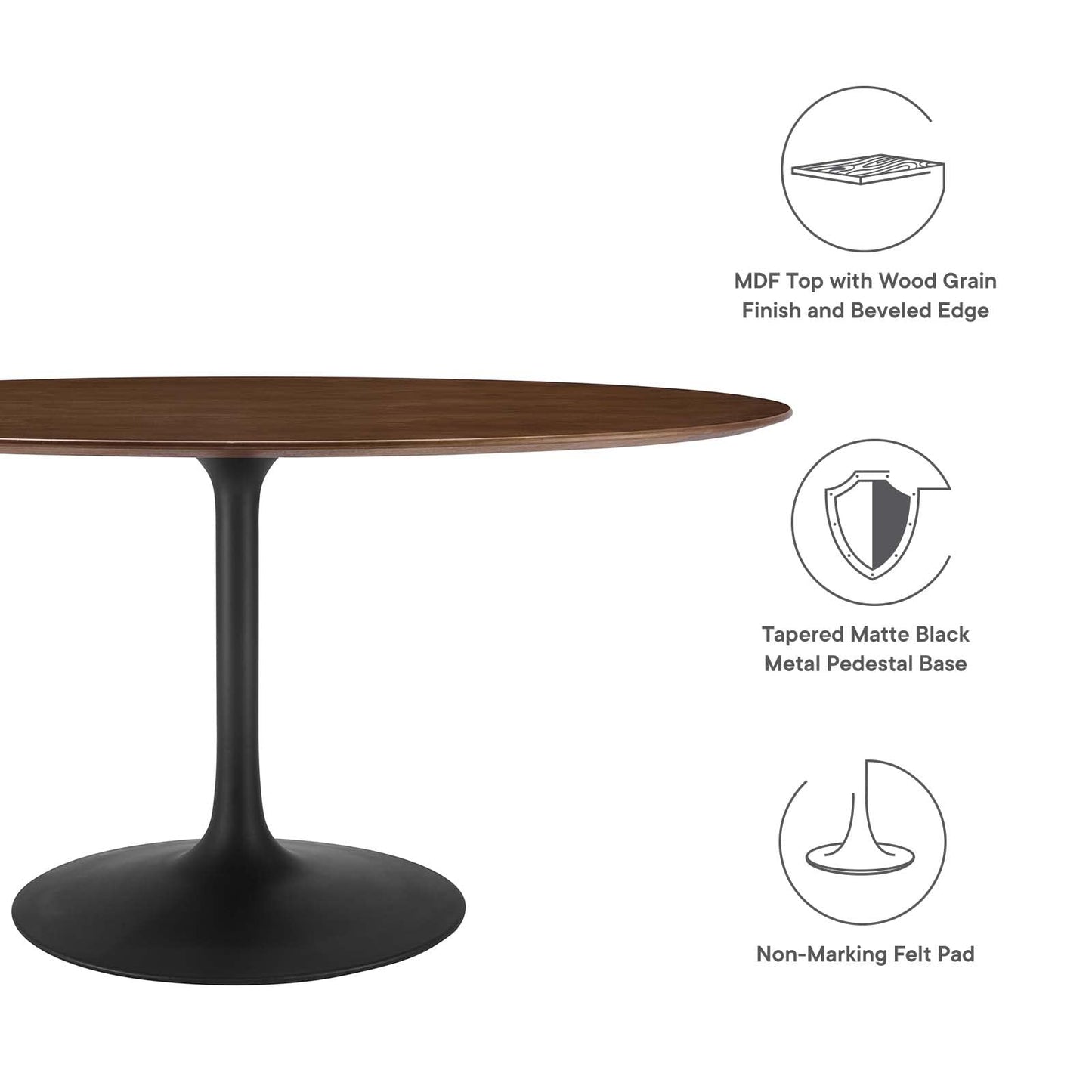 Modway Lippa 60" Oval-Shaped Mid-Century Modern Dining Table with Walnut Top and Black Base