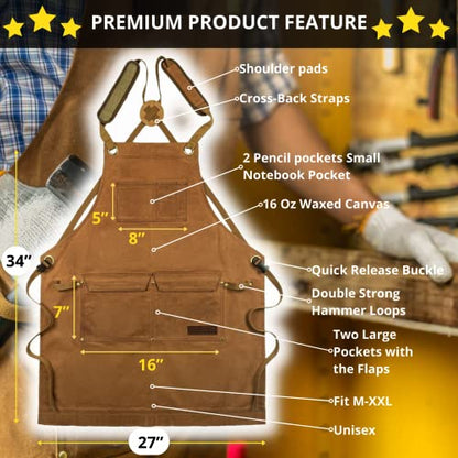 Woodworking Shop Aprons for Men and Women | 16 oz Durable Waxed Canvas Work Apron with Pockets | Cross-Back Straps | Adjustable Tool Apron Up To XXL