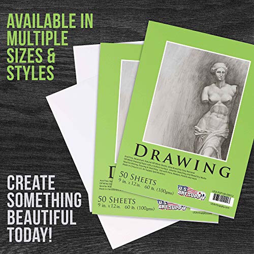 U.S. Art Supply 9" x 12" Premium Drawing Paper Pad, Pack of 2, 50 Sheets Each, 60lb (100gsm) - Artist Sketch Mixed Media Paper, Acid-Free - Graphite US Art Supply