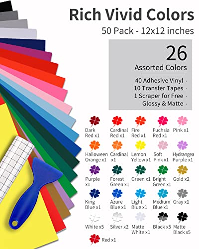 Permanent Vinyl Sheets (50Pack, 12"x12") - 40 Adhesive Vinyl (Matte & Glossy) + 10 Transfer Tapes 1 Scraper, Waterproof Outdoor Vinyl for All Cutting Sooez
