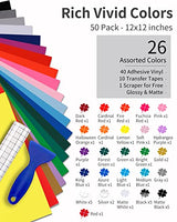 Permanent Vinyl Sheets (50Pack, 12"x12") - 40 Adhesive Vinyl (Matte & Glossy) + 10 Transfer Tapes 1 Scraper, Waterproof Outdoor Vinyl for All Cutting Sooez