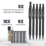 Mr. Pen- Metal Mechanical Pencil Set with Lead and Eraser Refills, 5 Sizes, Black, 0.3, 0.5, 0.7, 0.9, 2mm, Drawing Mechanical Pencils, Mechanical Mr. Pen