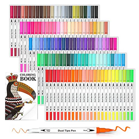 Lelix 120 Colors Dual Tips Brush Pens Art Markers with a Coloring Book, Brush and Fine Point Pens Fineliner for Adults Kids Coloring Books Lelix